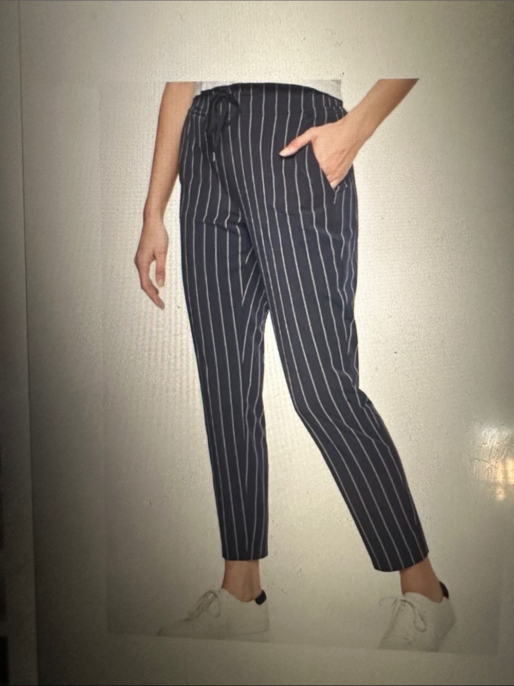 Athleta Midtown Striped Navy Drawstring Ankle Pants, size 14